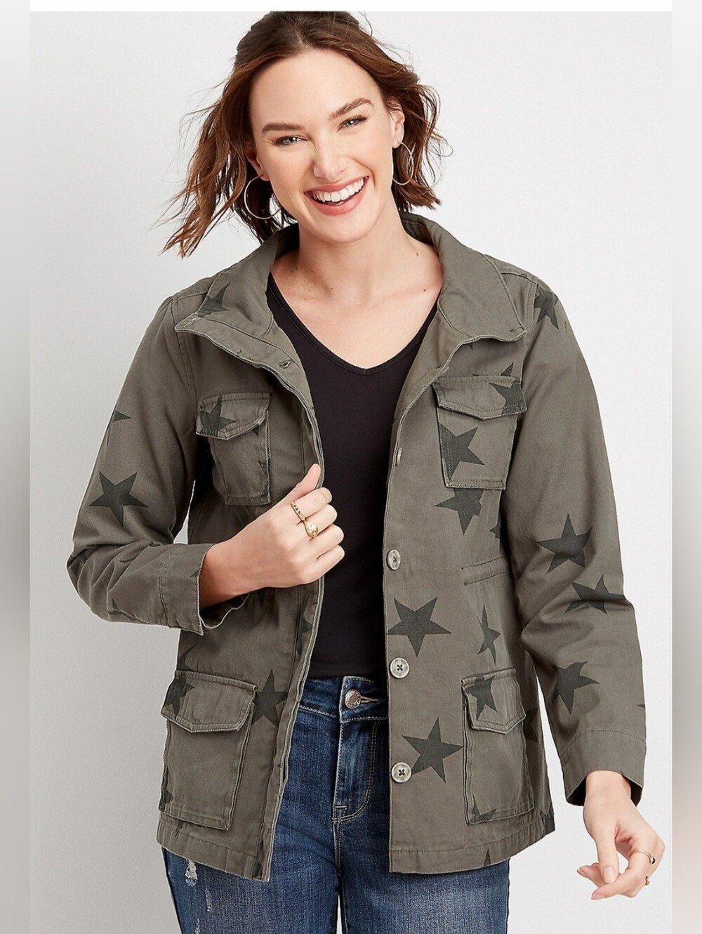 Women’s Star Print Utility Jacket - Olive